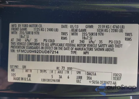 2013 Ford Escape Sel from USA, damaged, VIN 1FMCU0H92DUD87214